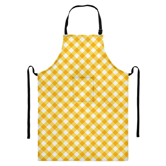 Honey Yellow And White Gingham Print Bib Apron With Pocket