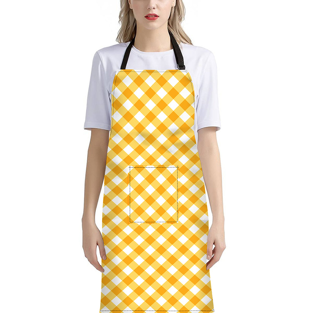 Honey Yellow And White Gingham Print Bib Apron With Pocket