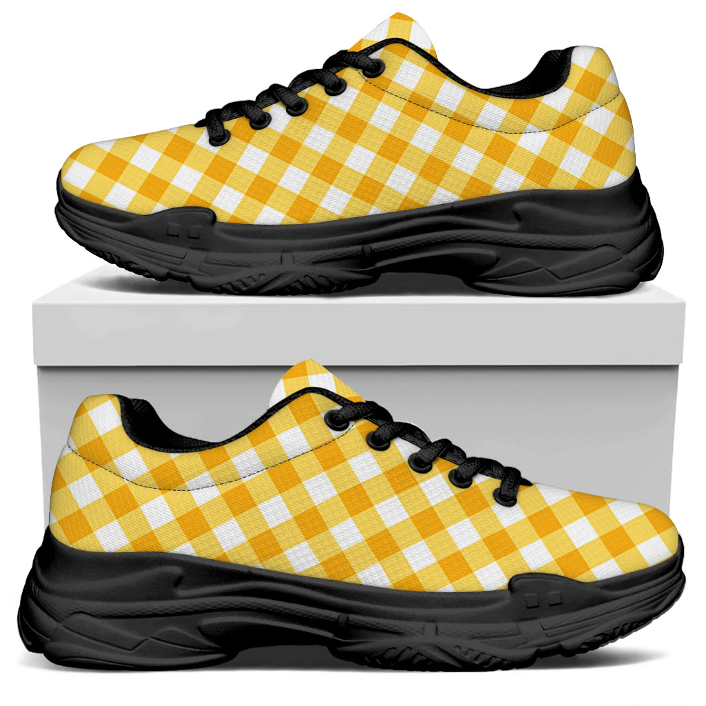 Honey Yellow And White Gingham Print Black Chunky Shoes