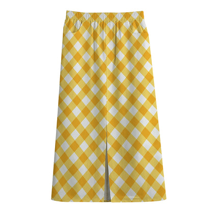 Honey Yellow And White Gingham Print Cotton Front Slit Maxi Skirt