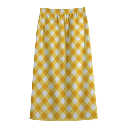Honey Yellow And White Gingham Print Cotton Front Slit Maxi Skirt
