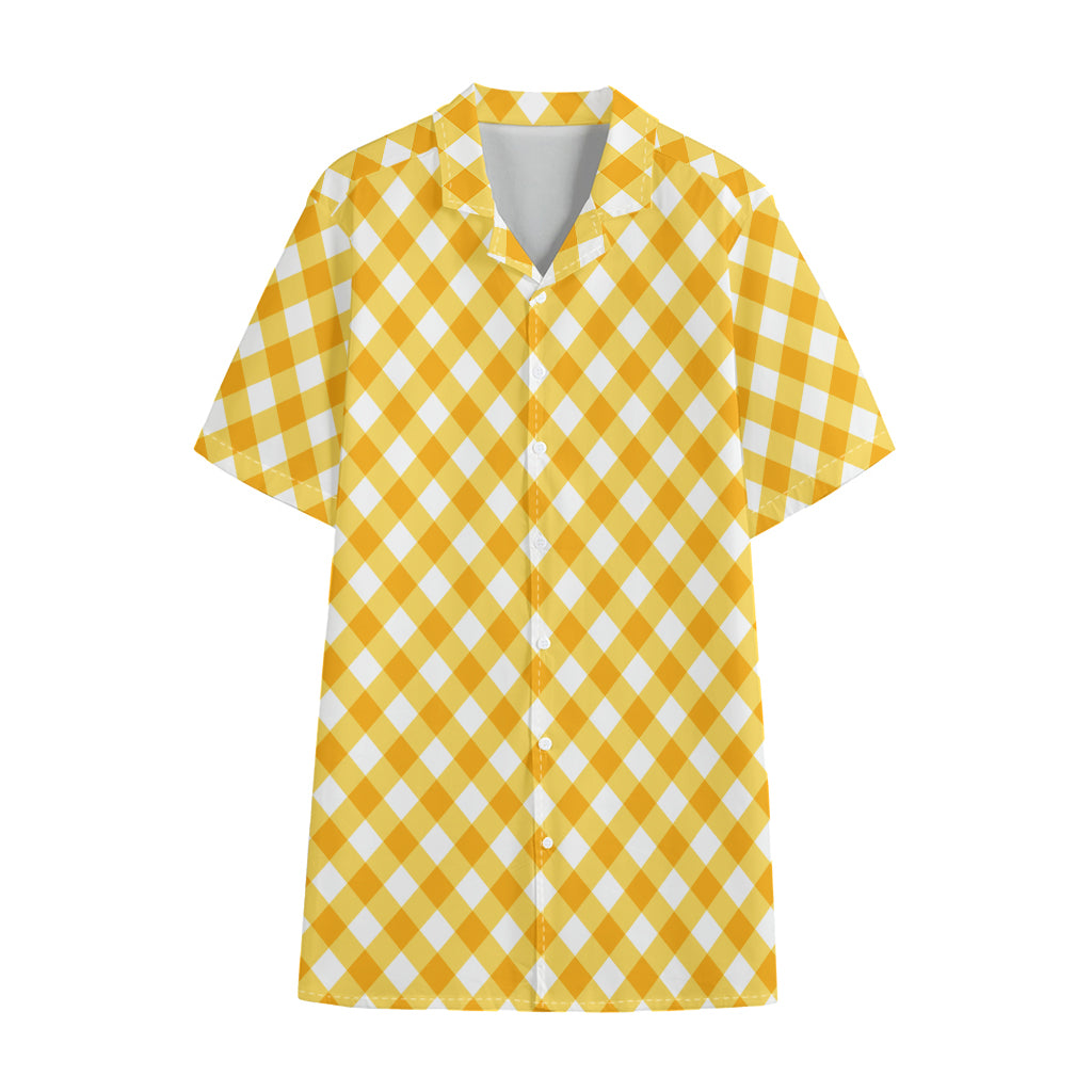Honey Yellow And White Gingham Print Cotton Hawaiian Shirt
