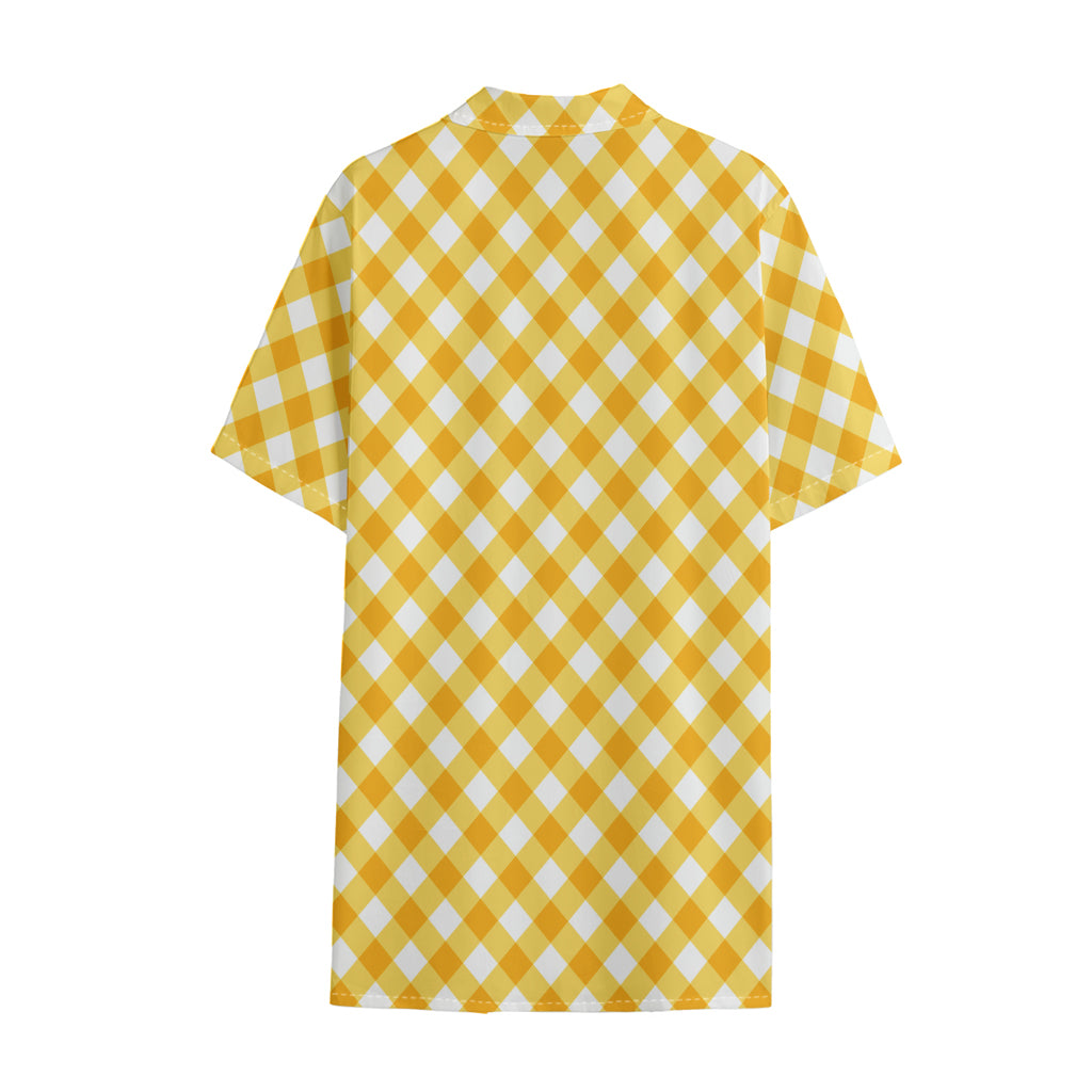 Honey Yellow And White Gingham Print Cotton Hawaiian Shirt