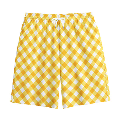 Honey Yellow And White Gingham Print Cotton Shorts