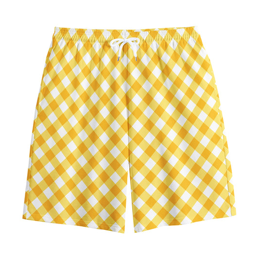 Honey Yellow And White Gingham Print Cotton Shorts