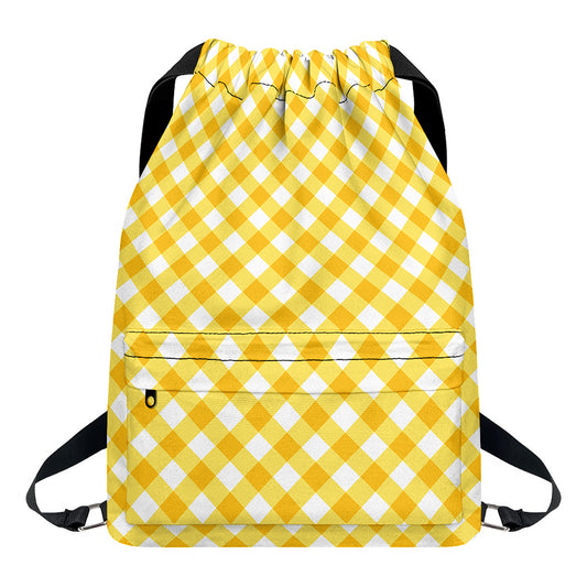 Honey Yellow And White Gingham Print Drawstring Backpack