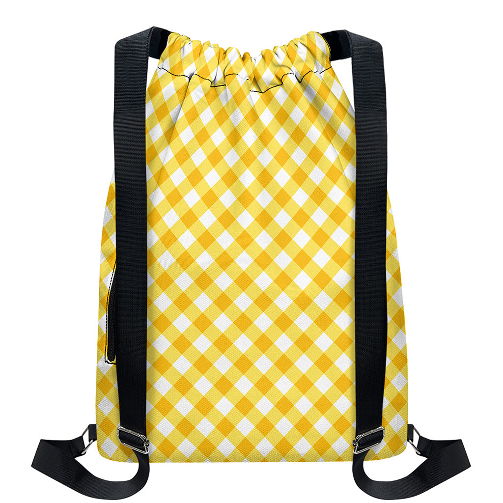 Honey Yellow And White Gingham Print Drawstring Backpack