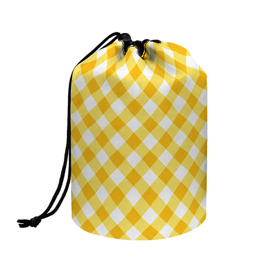 Honey Yellow And White Gingham Print Drawstring Makeup Bag