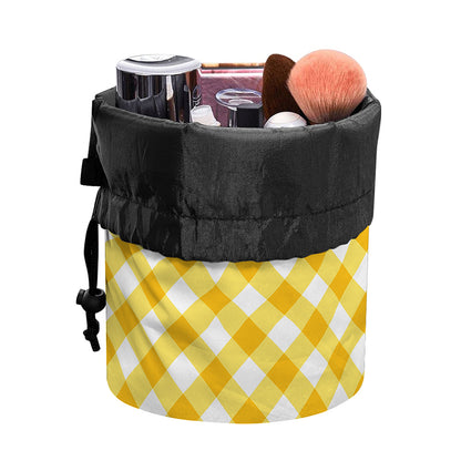 Honey Yellow And White Gingham Print Drawstring Makeup Bag