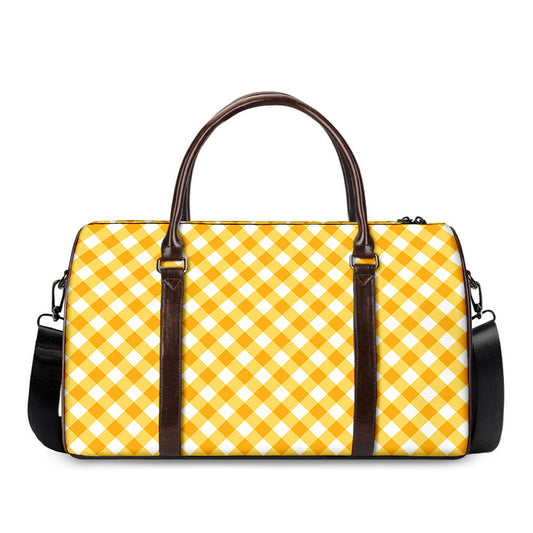 Honey Yellow And White Gingham Print Duffle Bag