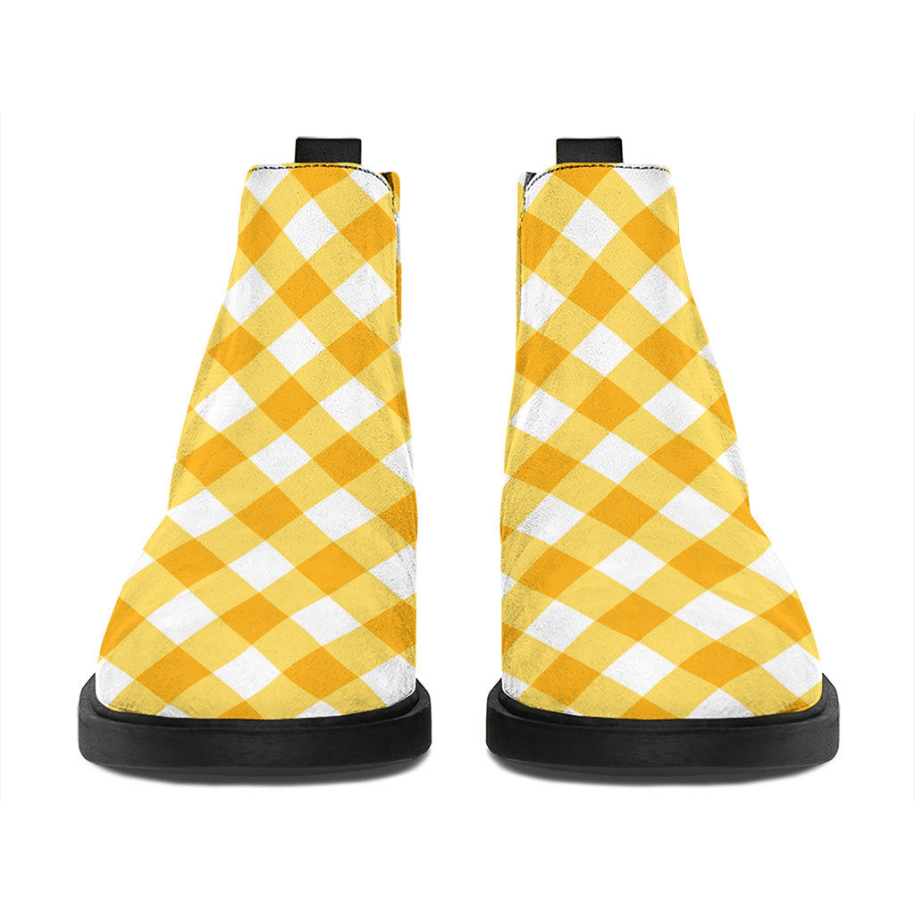 Honey Yellow And White Gingham Print Flat Ankle Boots