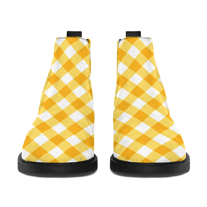 Honey Yellow And White Gingham Print Flat Ankle Boots