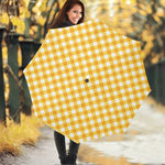 Honey Yellow And White Gingham Print Foldable Umbrella