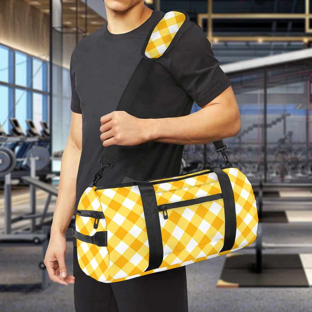 Honey Yellow And White Gingham Print Gym Bag
