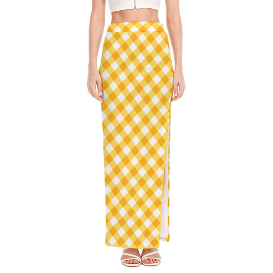 Honey Yellow And White Gingham Print High Slit Maxi Skirt