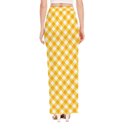Honey Yellow And White Gingham Print High Slit Maxi Skirt
