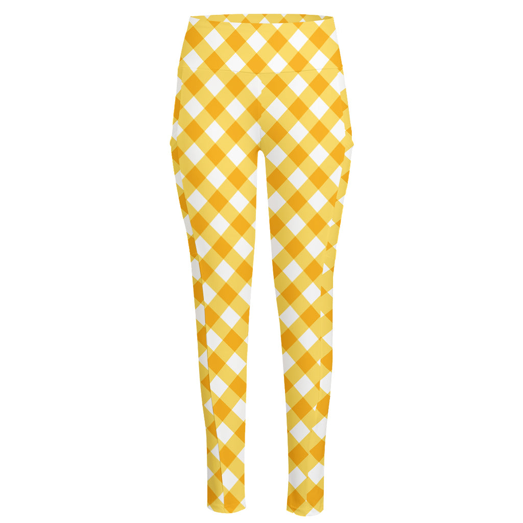Honey Yellow And White Gingham Print High-Waisted Pocket Leggings