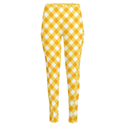 Honey Yellow And White Gingham Print High-Waisted Pocket Leggings