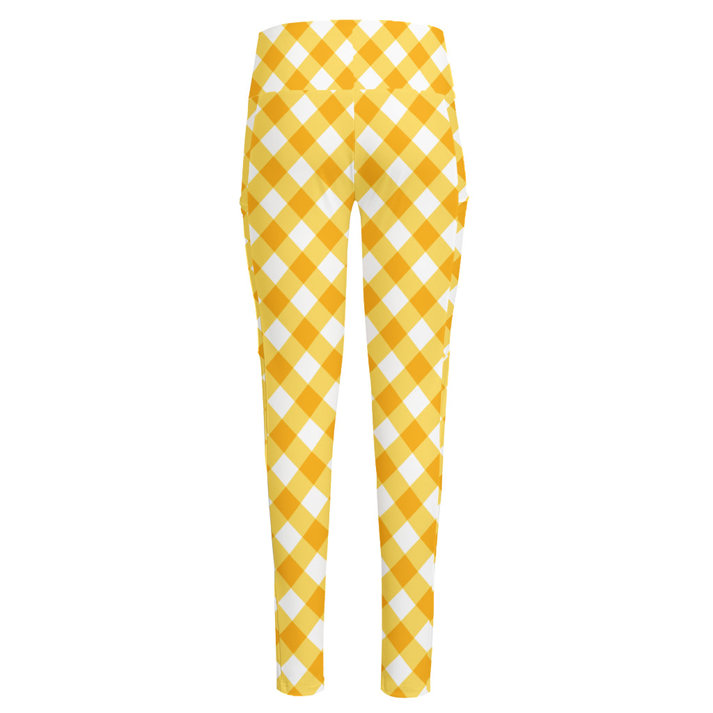 Honey Yellow And White Gingham Print High-Waisted Pocket Leggings