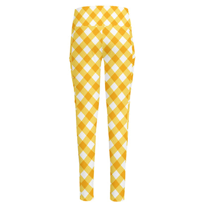 Honey Yellow And White Gingham Print High-Waisted Pocket Leggings