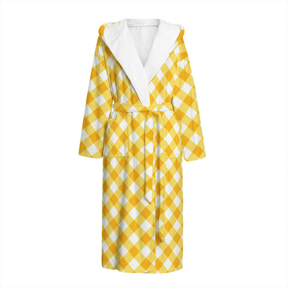 Honey Yellow And White Gingham Print Hooded Bathrobe