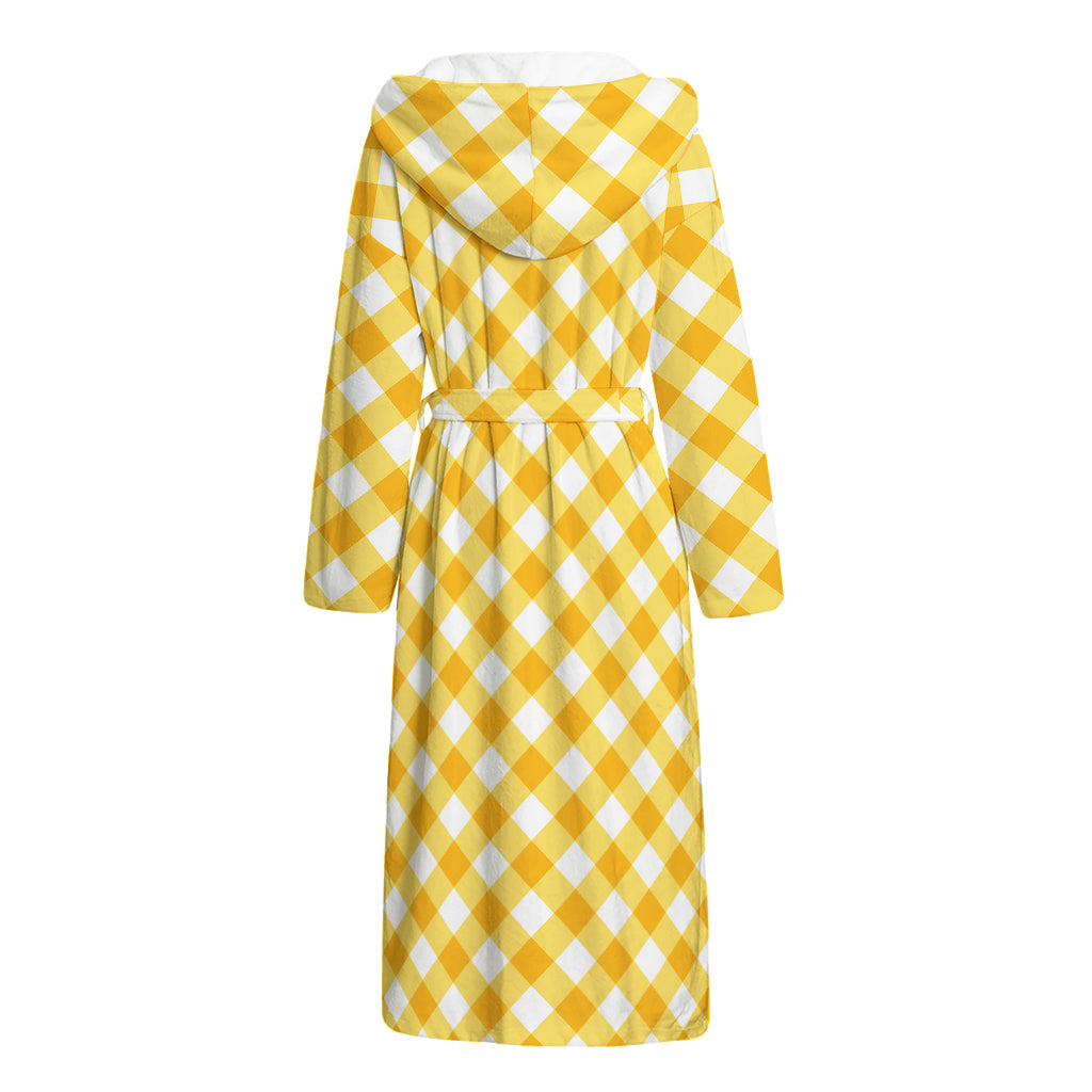 Honey Yellow And White Gingham Print Hooded Bathrobe