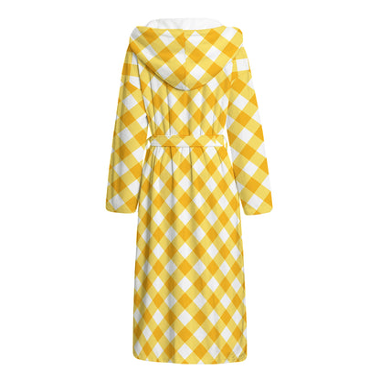 Honey Yellow And White Gingham Print Hooded Bathrobe