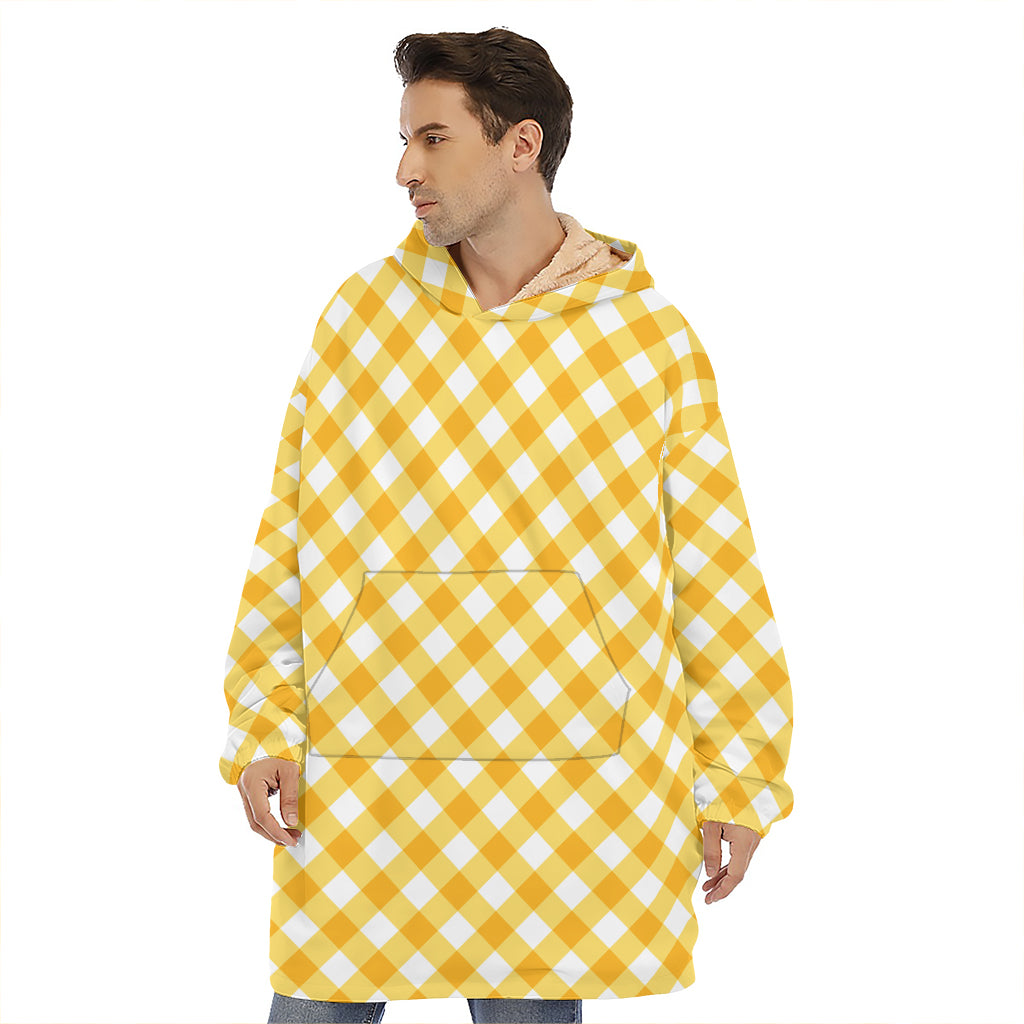 Honey Yellow And White Gingham Print Hoodie Blanket