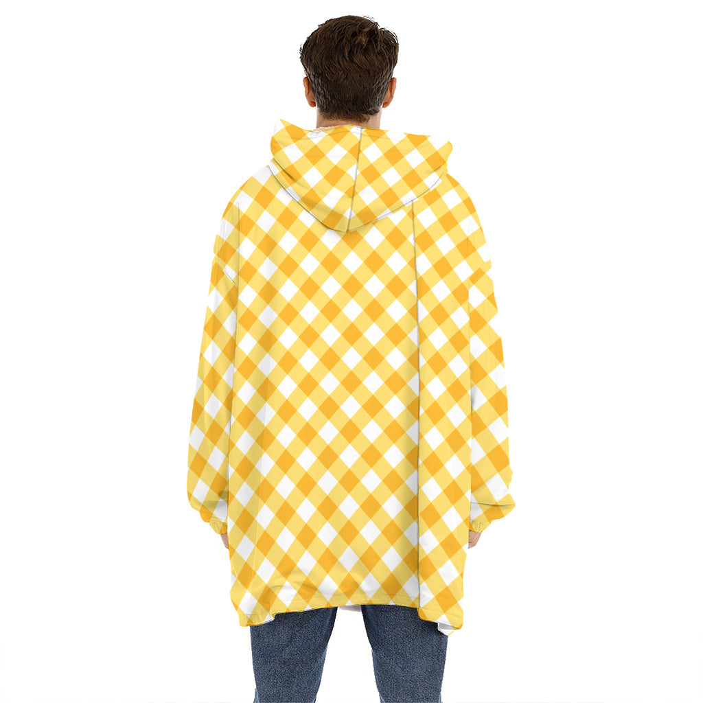 Honey Yellow And White Gingham Print Hoodie Blanket