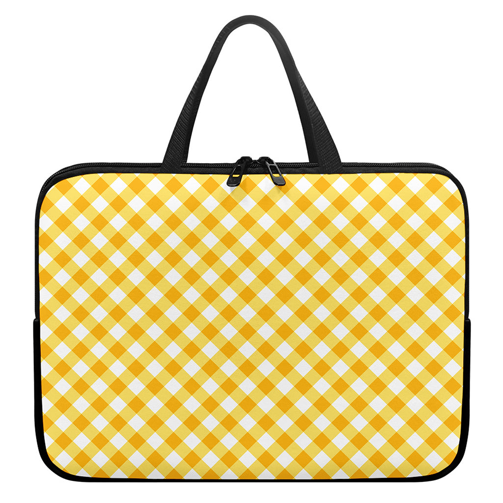Honey Yellow And White Gingham Print Laptop Sleeve With Handle