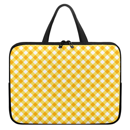 Honey Yellow And White Gingham Print Laptop Sleeve With Handle
