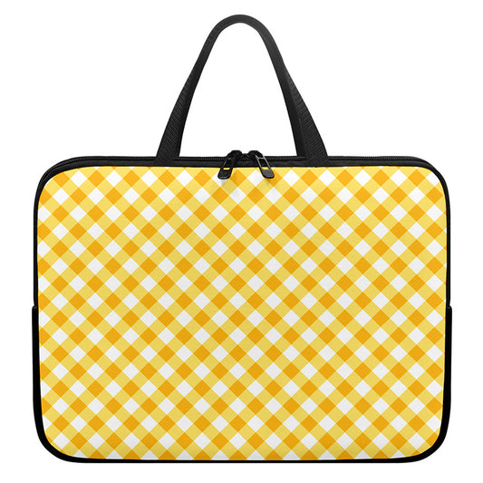 Honey Yellow And White Gingham Print Laptop Sleeve With Handle