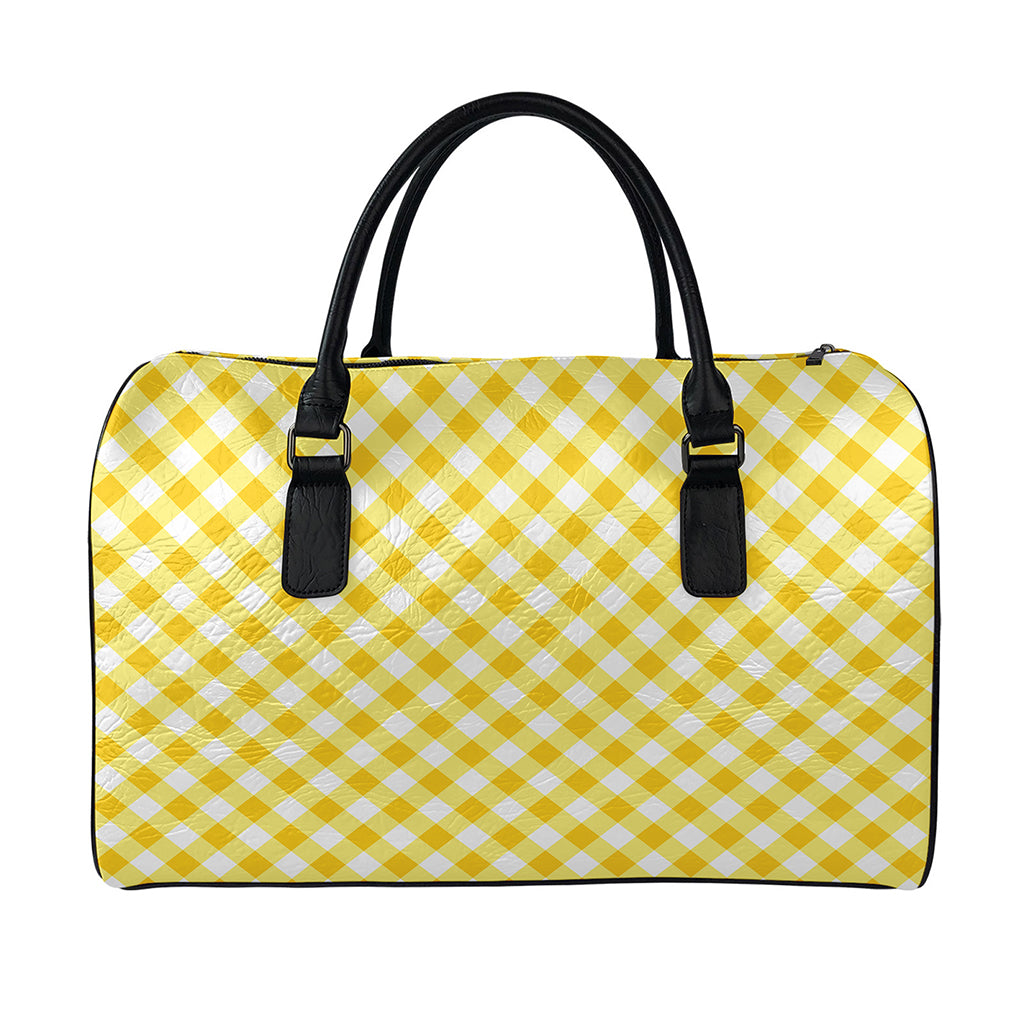Honey Yellow And White Gingham Print Leather Duffle Bag