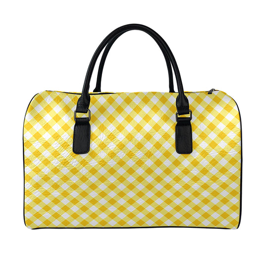 Honey Yellow And White Gingham Print Leather Duffle Bag
