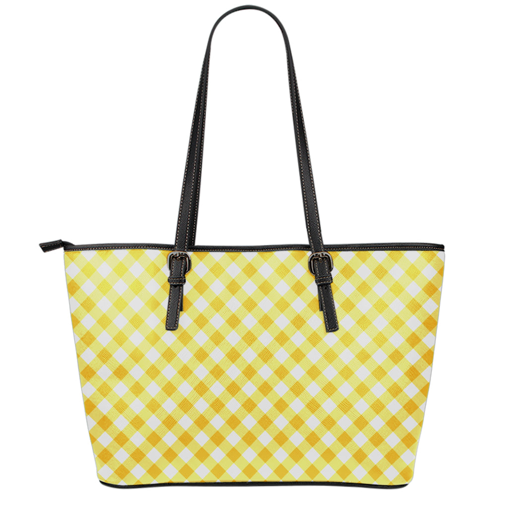 Honey Yellow And White Gingham Print Leather Tote Bag
