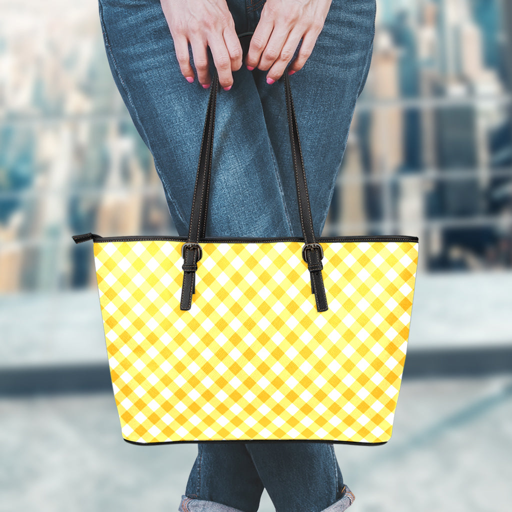 Honey Yellow And White Gingham Print Leather Tote Bag
