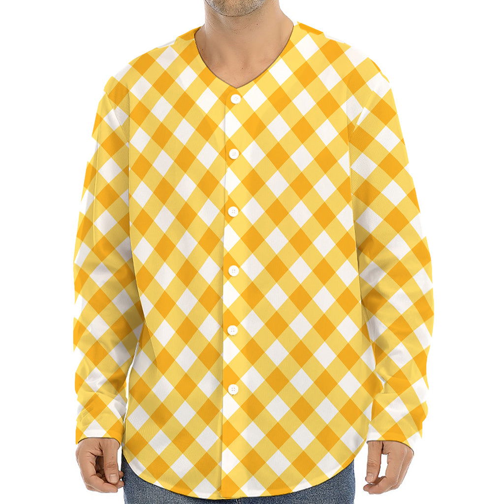 Honey Yellow And White Gingham Print Long Sleeve Baseball Jersey
