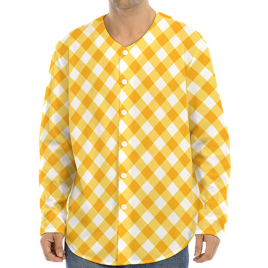 Honey Yellow And White Gingham Print Long Sleeve Baseball Jersey