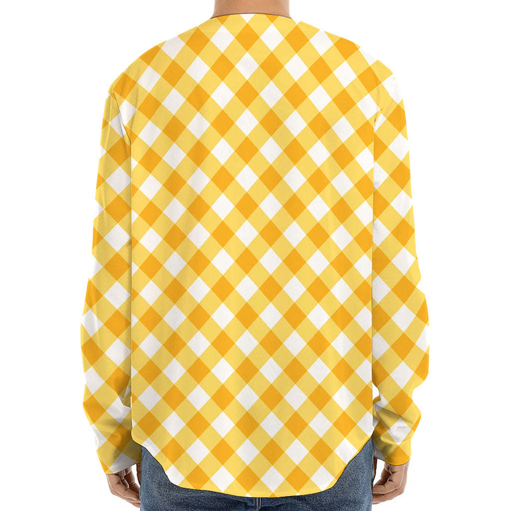 Honey Yellow And White Gingham Print Long Sleeve Baseball Jersey