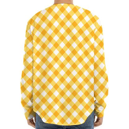 Honey Yellow And White Gingham Print Long Sleeve Baseball Jersey