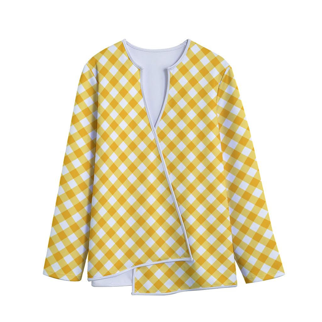 Honey Yellow And White Gingham Print Long Sleeve Short Coat