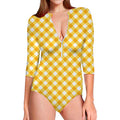 Honey Yellow And White Gingham Print Long Sleeve Swimsuit