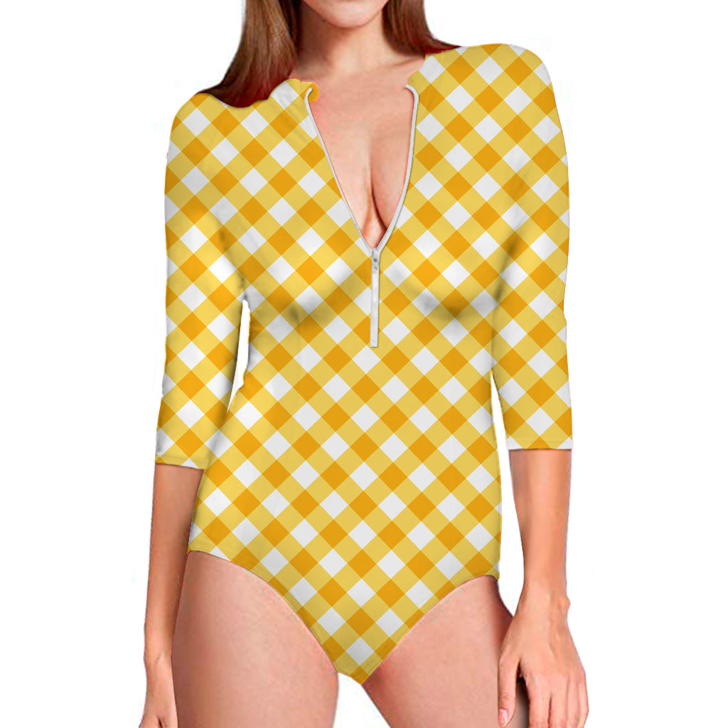 Honey Yellow And White Gingham Print Long Sleeve Swimsuit