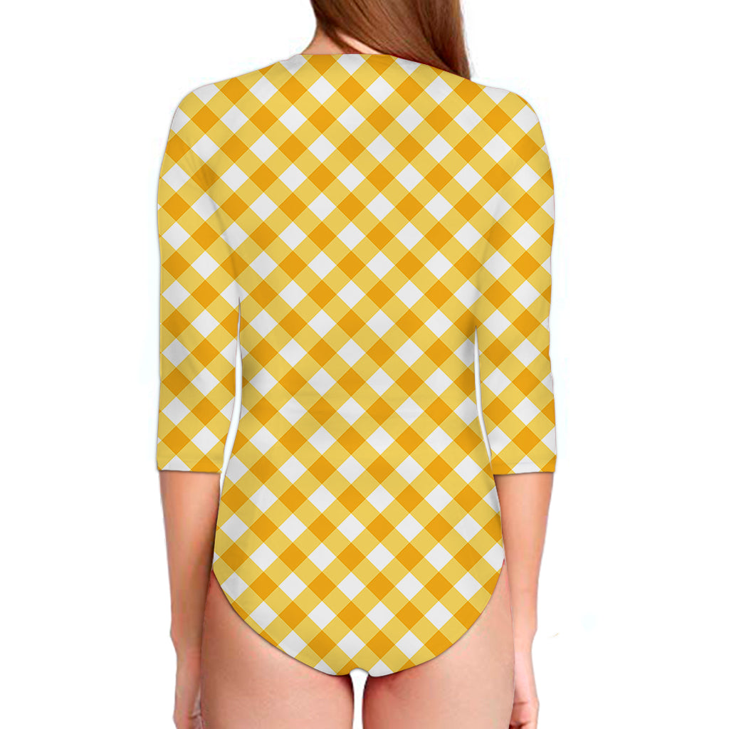 Honey Yellow And White Gingham Print Long Sleeve Swimsuit