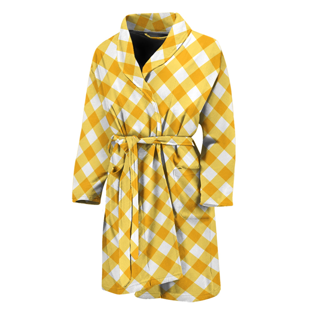 Honey Yellow And White Gingham Print Men's Bathrobe