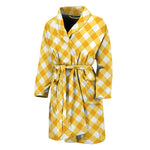 Honey Yellow And White Gingham Print Men's Bathrobe