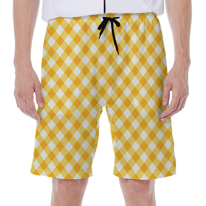 Honey Yellow And White Gingham Print Men's Beach Shorts