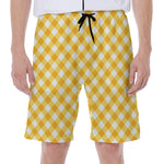Honey Yellow And White Gingham Print Men's Beach Shorts