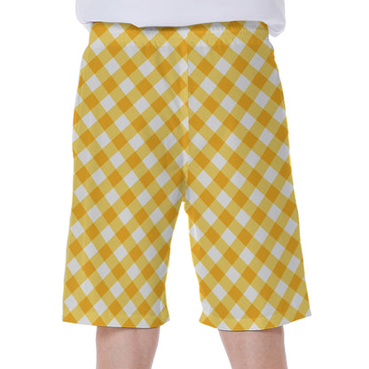 Honey Yellow And White Gingham Print Men's Beach Shorts