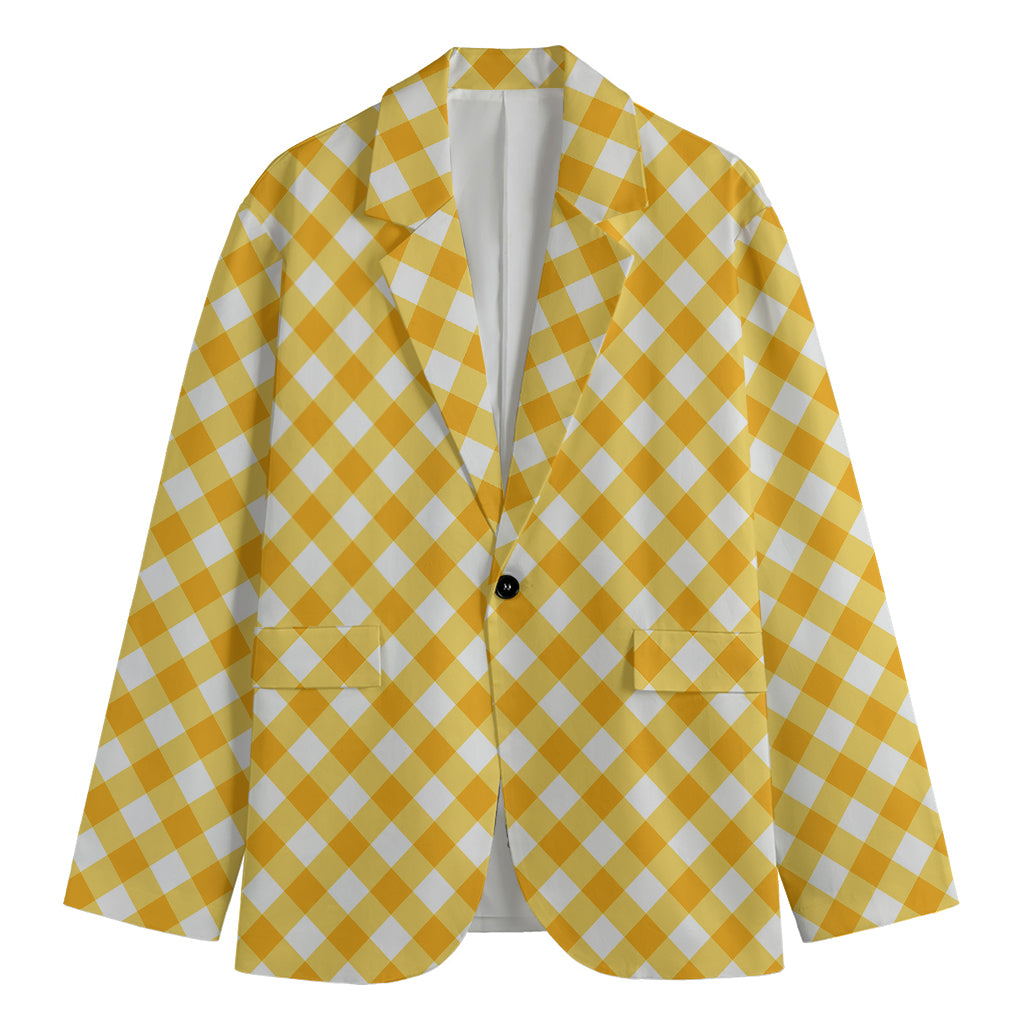 Honey Yellow And White Gingham Print Men's Blazer